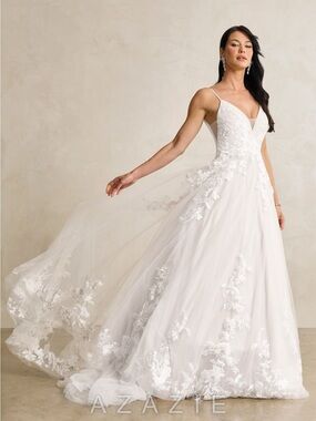 Azazie White Lace A-Line Gown with Spaghetti Straps